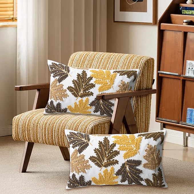 Set of 2 Embroidered Decorative Throw Pillow Covers Couch Square Pillowcases Cushion for Bedroom Sofa Farmhouse Decor 18x18 Inch (Yellow Maple Leaf-Lumbar)