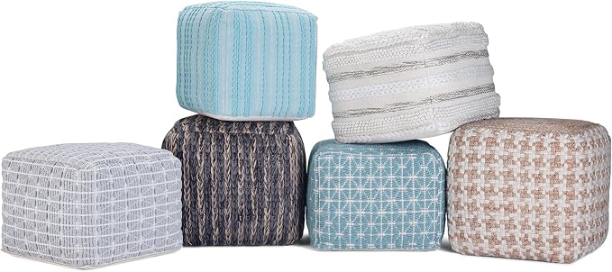SIMPLIHOME Sommer Square Pouf - 18 inch Wide Upholstered Handloom Woven Cotton Ottoman in Natural/Cream, Boho-Style Footstool, Extra Seating or Accent Piece for Living Room or Bedroom, Assembled