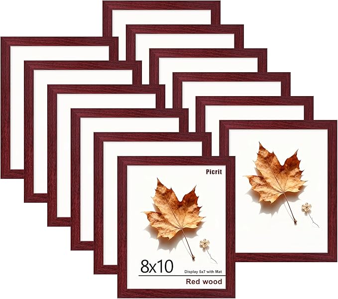 Picrit 8x10 Picture Frame Set of 12, Display 5x7 with Mat or 8x10 without Mat, Photo Frames for Wall Mounting or Table Top Display, Dark Red Wood