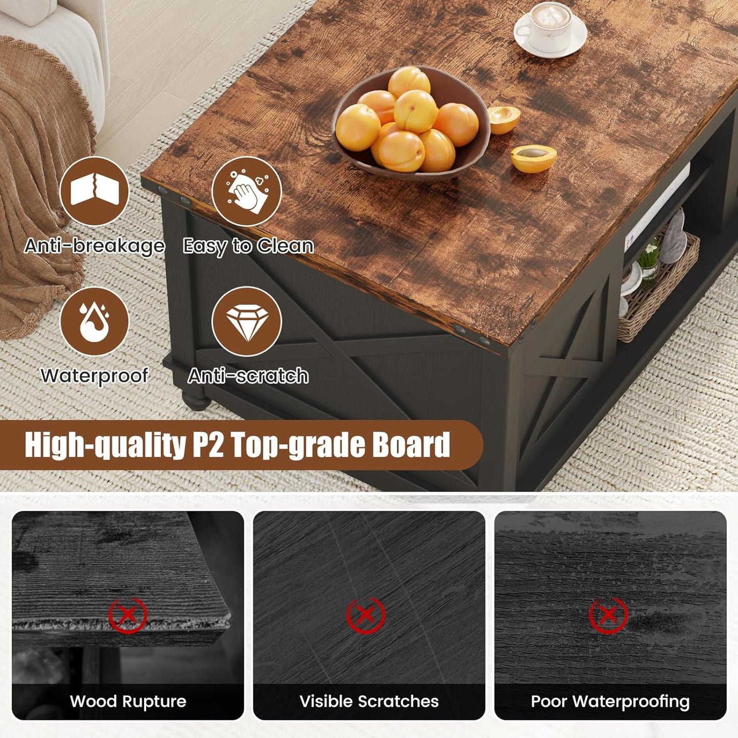 48" Farmhouse Lift Top Coffee Table with Storage Sliding Barn Door & Large Hidden Compartment, Coffee Table with Lifting Top with Wooden Lift Tabletop, Coffee Tables for Living Room, Black