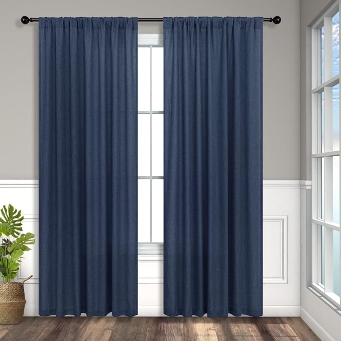 Navy Blue Curtains 72 Inch Length for Living Room Pair Set Back Tab Pocket Linen Panel Light Filtering Semi Sheer Dark Blue Curtains for Bedroom Door Picture Window Village Apartment Canopy 52x72 Long