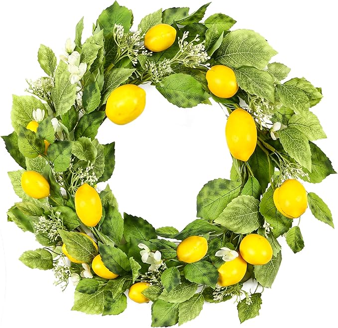 YNYLCHMX 18" Wreaths for Front Door, Artificial Floral Lemon Wreath with Green Eucalyptus Leaves, Green Foliage Wreath for Wall Window Farmhouse Party Holiday Home Decor