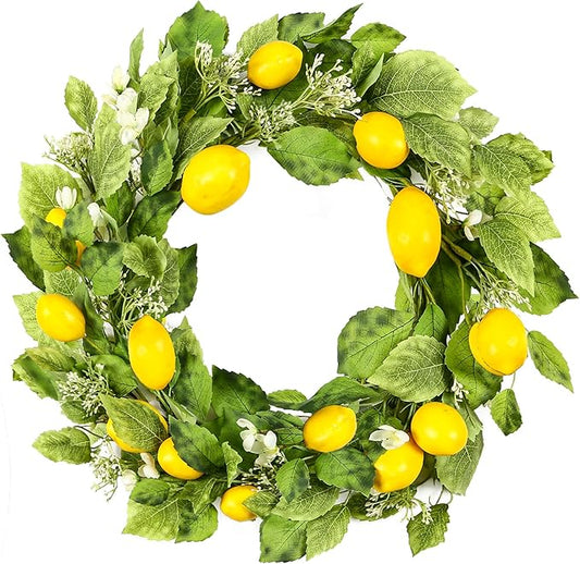 YNYLCHMX 18" Wreaths for Front Door, Artificial Floral Lemon Wreath with Green Eucalyptus Leaves, Green Foliage Wreath for Wall Window Farmhouse Party Holiday Home Decor