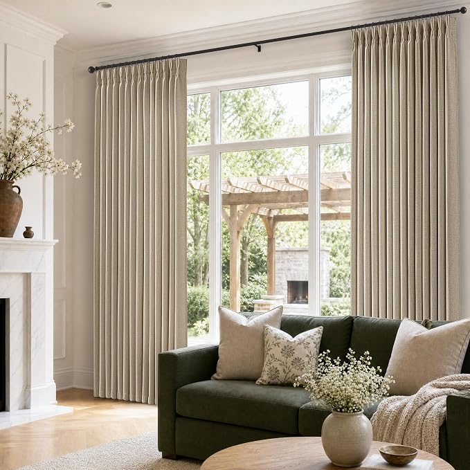 Pinch Pleat Linen Curtains 108 Inch 2 Panels Set Burlywood Taupe Back Tab Neutral Vintage Semi Sheer Window Curtains for Track Ceiling to Floor Burlap Textured Drapes for Living Room Patio Door 9 FT