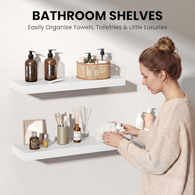 Fun Memories 60Inch Long Floating Shelves, 8 Inch Deep Shelves for Bedroom|Living Room, Wall Mounted Wood Hanging Shelf with Invisible Brackets for Fireplace Mantel Home Storage Decor, White - 1 Pack
