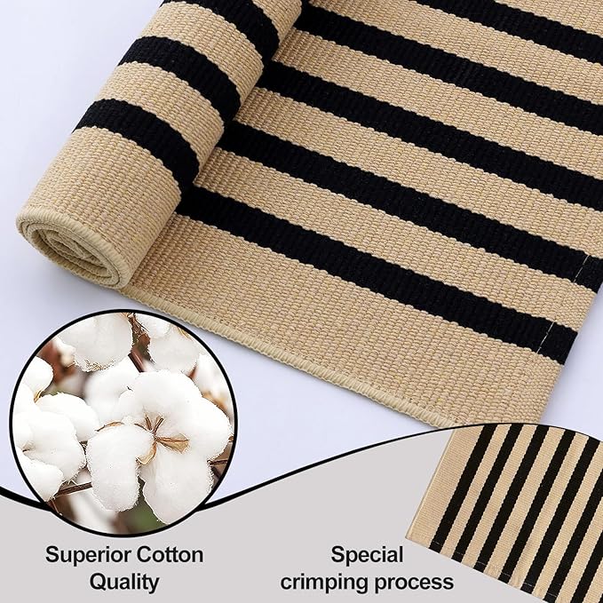 OLANLY Brown and Black Striped Rug 4' x 6' – Washable Cotton Doormat for Indoor Outdoor Use, Layered Front Porch Rug for Entryway, Kitchen, Patio