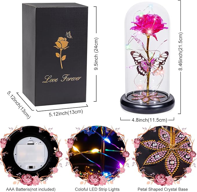 Mothers Day Flowers Gifts for Mom Women Birthday Gift, Galaxy Glass Rose Forever Eternal Crystal Flowers Rose in Glass Dome with Butterfly Mother's Day Roses Gifts for Mom Daughter Wife Grandma Pink
