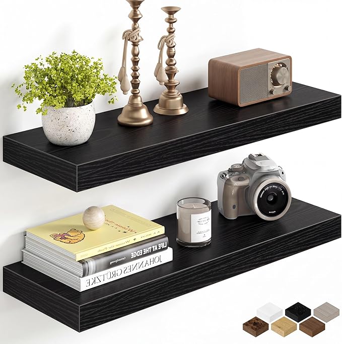 Fun Memories 24Inch Floating Shelves for Wall, 8 Inch Deep Shelves for Bathroom|Bedroom|Kitchen Wall Mounted, Wood Hanging Shelf with Invisible Brackets for Home Storage Decor, Black - 2 Pack