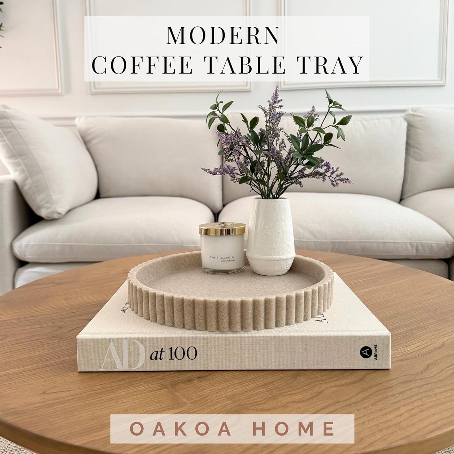 OAKOA Beige Resin Decorative Trays for Decor - Coffee Table Decor Tray Ottoman Tray for Living Room - Nightstand Round Table Centerpiece for Candle