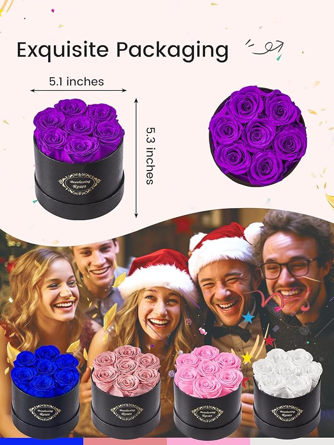 Beaulasting Long Lasting Preserved Roses in a Box Last a Year Forever Flowers for Her Mom Wife Anniversary Birthday (Round Black Box, Purple)