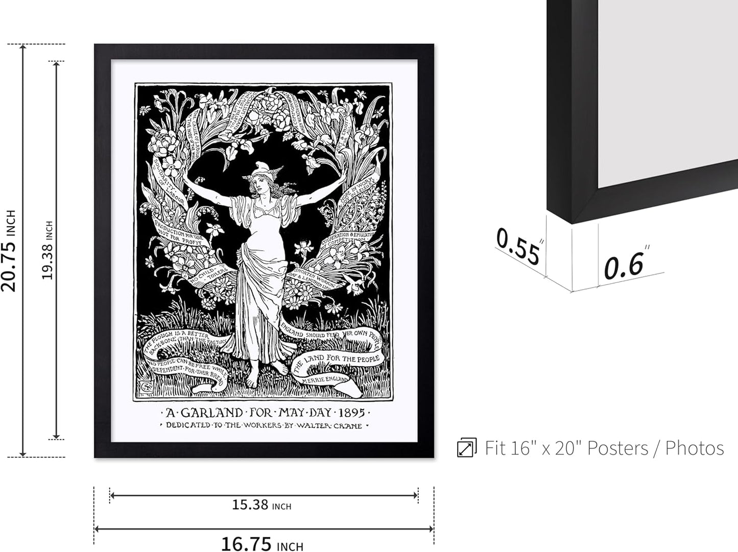 Poster Master Vintage Walter Crane Poster - Retro A Garland for May Day Print - Socialist Art - Gift for Him, Her, Men, Women - Wall Decor for Home, Office, Living Room, 16x20 Black Framed