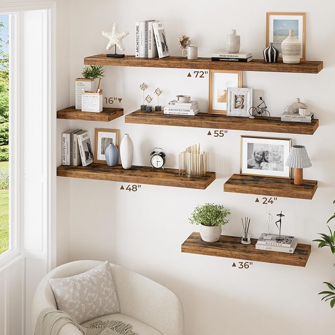 RICHFOCUS 72 Inch 12" D Floating Shelves for Wall 2 Pack Long Wall Shelves for Room Wall|Large Wood Hanging Shelf with Invisible Brackets for Bathroom Bedroom Kitchen Laundry Room, Rustic Brown