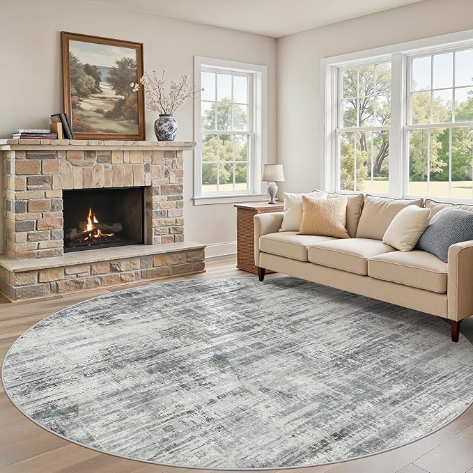 UERMEI 8ft Round Area Rug for Living Room: 8x8 Washable Neutral Abstract Modern Soft Circle Rugs Non Slip Indoor Floor Stain Resistant Carpet for Bedroom Dining Room Office Nursery Gray