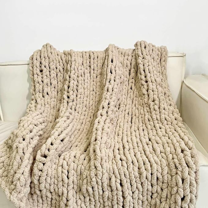 Soft Chunky Knit Throw Blanket for Couch, Cozy Warm Knitted Blankets | Hand Knit with Jumbo Chenille, Lightweight Warm Fluffy Decor for Women, Mom, Her & Girls, Sofa, Chair, Bed, 40"x60" (Tan)