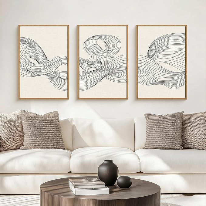 HPNIUB Large Neutral Abstract Framed Canvas Wall Art,Modern Beige Minimalist Wall Decor,Black Line Wave Art Prints,Boho Textured Geometric Artwork for Living Room, Bedroom, Office -24"x36"x3