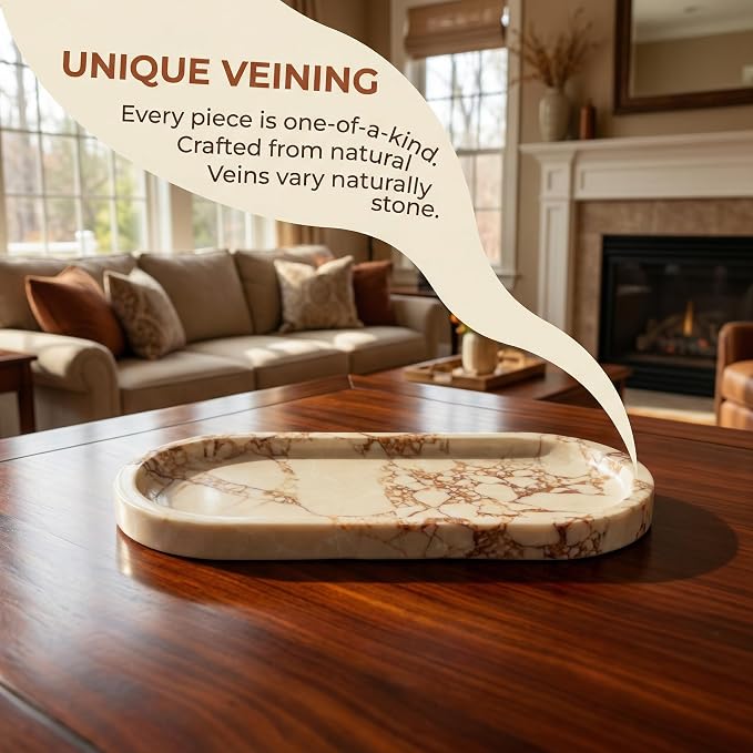 OOBOOB Oval Natural Marble Bathroom Tray for Decor Countertop, Marble Vanity Tray for Candles Perfume, Jewelry, Cosmetics, Elegant Vanity Organizer for Jewelry, Perfume