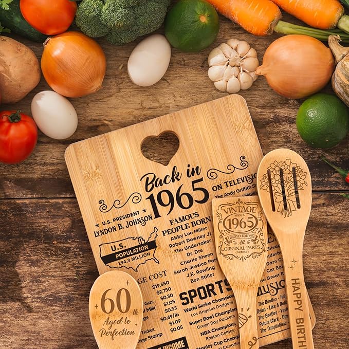 60th Birthday Gifts for Him Her- "Back in 1965" 60th Birthday Gifts for Women Cutting Board, Bamboo-Made Engraved "Year 1965 News" 60th Birthday Gifts