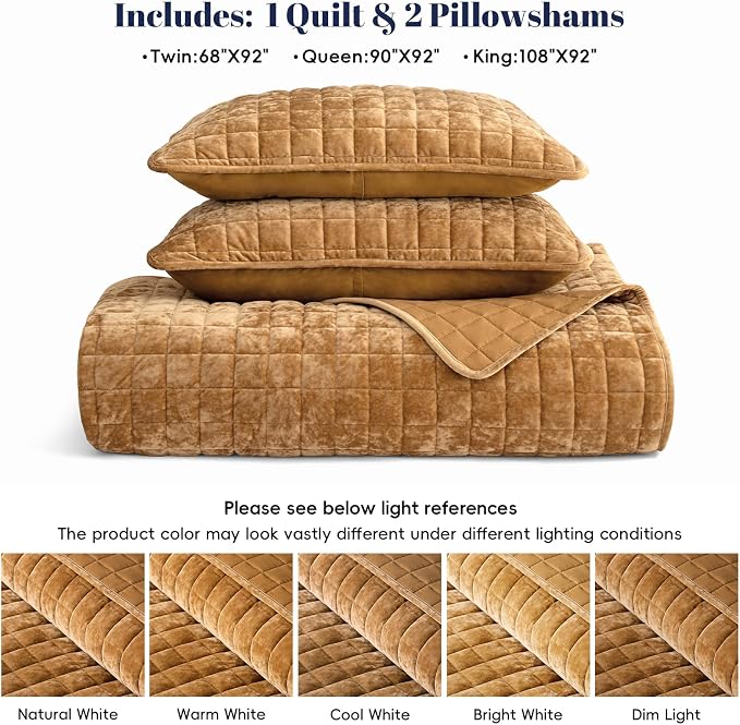 PHF Luxurious Velvet Quilt Set Queen Size – 3PCS Super Soft Quilted Comforter Alternative with Square-Box Quilt Pattern, Warm Quilted Bedspread Coverlet, 90" x 92", Rusty Burnt Orange
