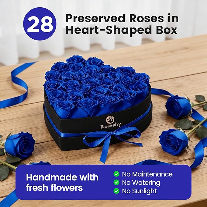 Valentines Day Flowers Roses Gifts for Her,28pcs BlueForever Preserved Roses in Heart Shape Gift Box,Valentines Day Delivery Prime Gifts-Roses Gifts for Women,Mom.