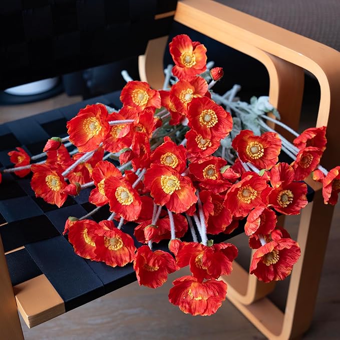 DUYONE Artificial Flowers 6 Stems Poppy Silk Bouquet,for Wedding, Home, Party Decoration,Table Centerpiece Arrangement(Dark Orange)