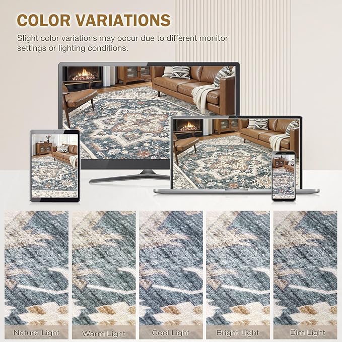 Area Rug for Living Room - 5x7 Washable Oriental Vintage Floral Distressed Large Soft Carpet - Fade Stain Resistant Non Slip Rugs for Bedroom Dining Room Nursery Dorm Office Home Decor - Vintage Blue