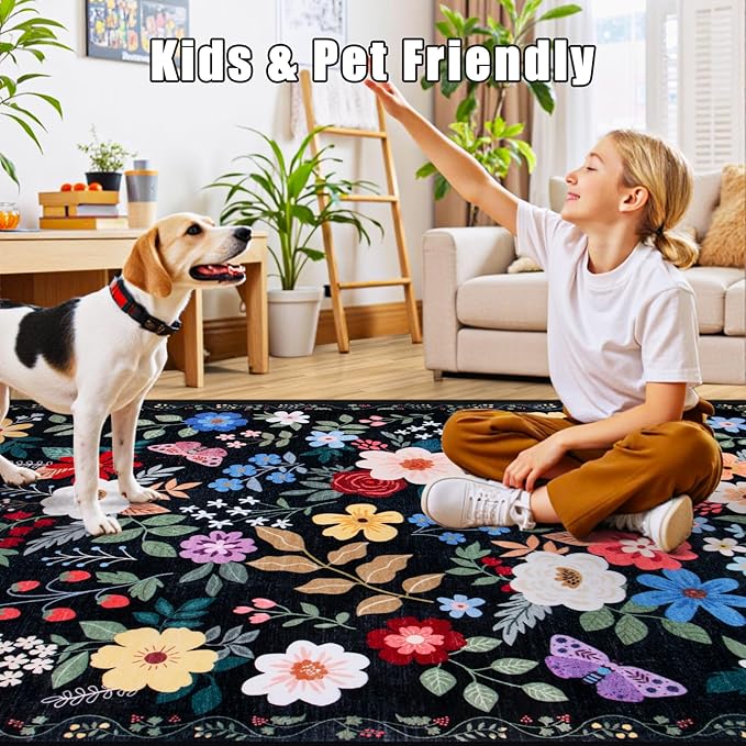 Runner Rug for Entryway: 3x10 Kitchen Rugs Non Slip Washable Ultra-Thin Soft Floral Carpet Indoor Floor Stain Resistant Carpets for Hallway Bedroom Kitchen Laundry Bathroom Dorm Black