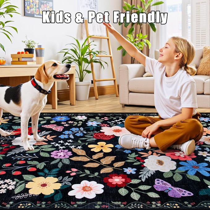 10x12 Area Rugs for Living Room: Floral Washable Rug Vintage Large Soft Boho Non-Slip Carpet Stain Resistant Low Pile Carpets for Bedroom Dining Room Farmhouse Nursery Hallway Home Office Black