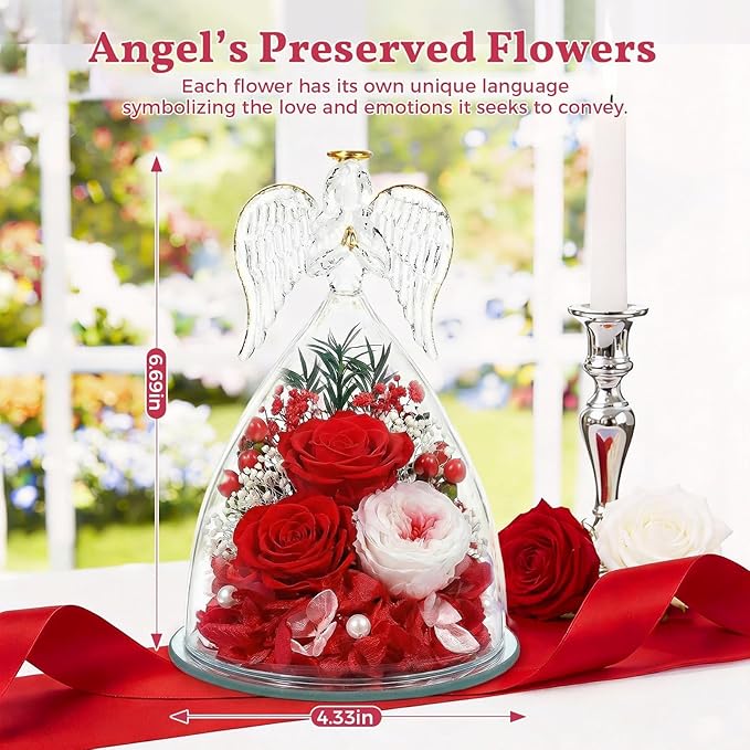 TranquilBliss Gifts for Mom, Flowers for Mother’s Day, Preserved Rose in Glass Dome with Light, Angel Figurines for Her Birthday, Valentine’s Day for Wife, Grandma, Women - Red