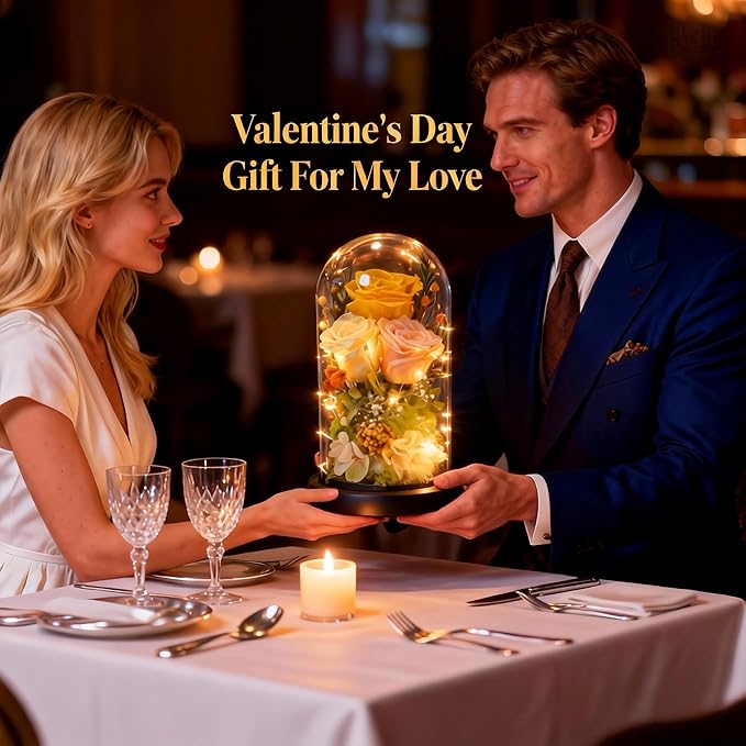 HipTree Preserved Yellow Rose in Glass Dome with LED Lights - Forever Eternal Real Rose Gifts for Women, Valentines Day Mothers Day Birthday Christmas Gift Wedding Anniversary for Mom Wife Girlfriend