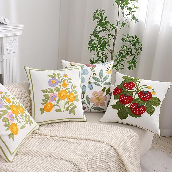 Embroidered Throw Pillow Covers 18x18 inch Pack of 2 Red Strawberry with Green Leaves Floral Pillowcases Farmhouse Pillow Cushion Cases Spring Summer Home Decor for Sofa Bed Living Room