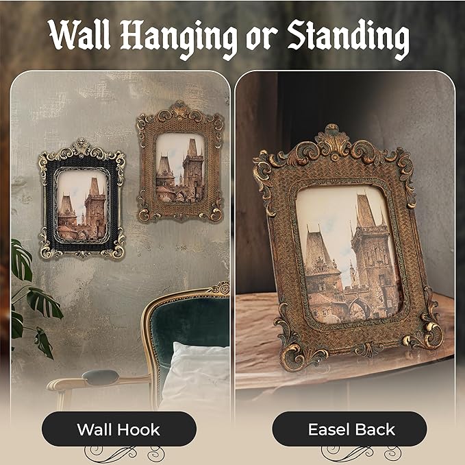 5x7 Picture Frame - Gothic Vintage European Design, Antique Baroque Style Photo Frame for Wall Hanging, Tabletop Display, and Home Decor (Bronze)