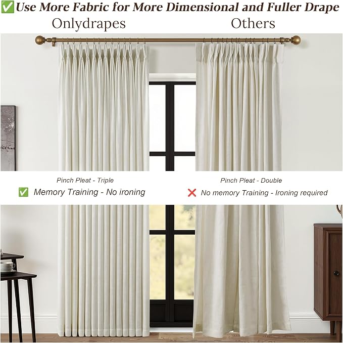 Beige Pleated Linen Curtains 100 Inch Length 2 Panels Set Semi Sheer Light Filtering Light Tan Window Drapes for Living Room Modern Viral Pinch Pleated Curtains 100 Inches with Hooks Rings Clips