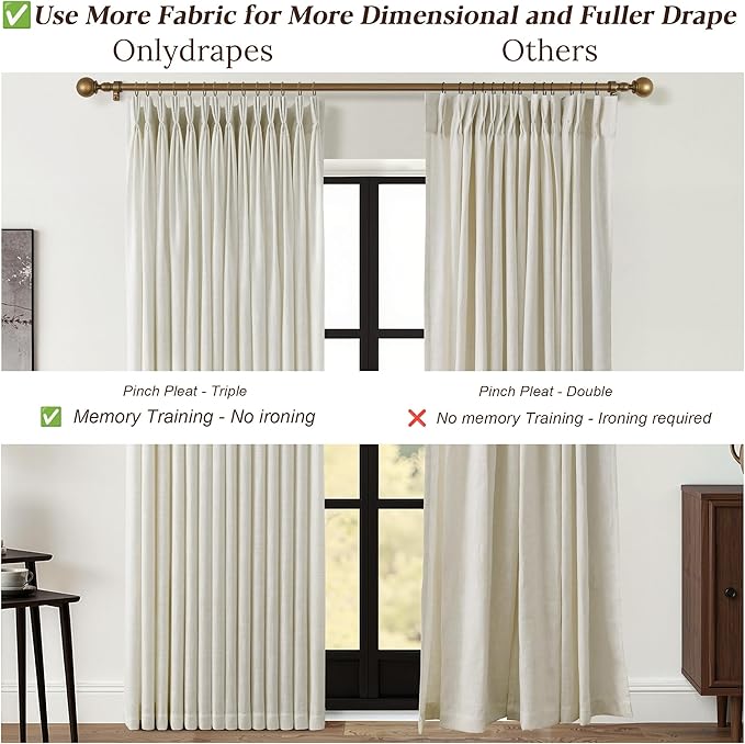 Beige Pleated Linen Curtains 102 Inch Length 2 Panels Set Semi Sheer Light Filtering Light Tan Window Drapes for Living Room Modern Viral Pinch Pleated Curtains 102 Inches with Hooks Rings Clips