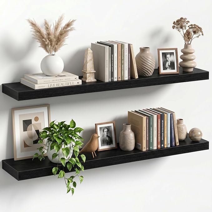 40" Floating Shelves for Wall, Set of 2, 8" Deep, 1.5" Thick, Black | Rustic Wood Wall Shelves with Invisible Brackets, Storage and Display for Bathroom, Bedroom, Living Room or Kitchen