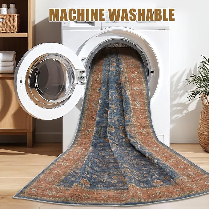 10x14 Area Rug for Living Room- Machine Washable Soft Oriental Vintage Large Indoor Floor Carpet for Bedroom Under Dining Table Home Office Decor - Blue Terracotta