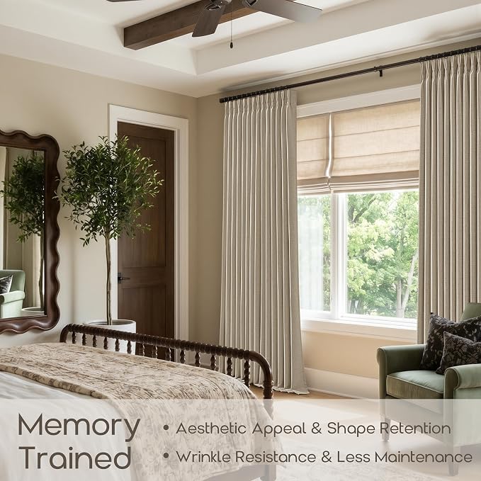 Burlywood Pinch Pleated Curtains 84 Inches Length Back Tab Light Filtering Semi Sheer Taupe Pleat Curtains for Living Room Memory Trained Shaped Linen Textured Window Drapes 84 Inch Long 2 Panels