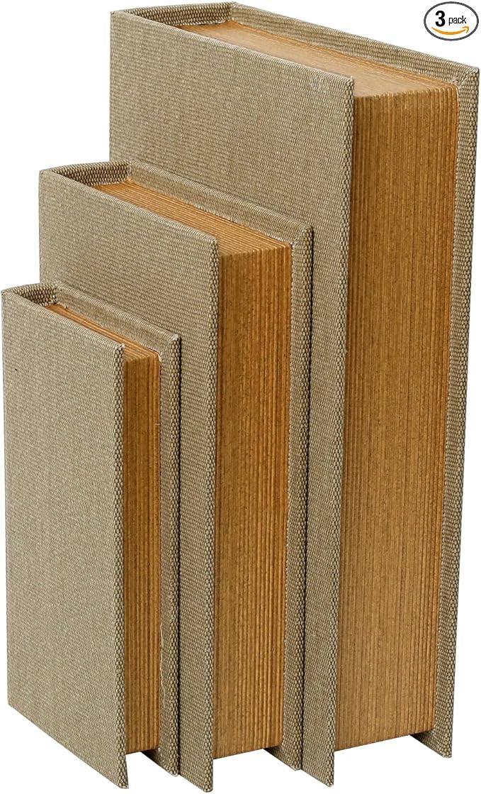 DECOR4SEASON Decorative Book Boxes Set of 3 – Modern Faux Linen & Wood Hidden Storage for Coffee Table – Stackable Fake Books for Shelf Decor, Remote Control & Jewelry Organizer (Warm Taupe)