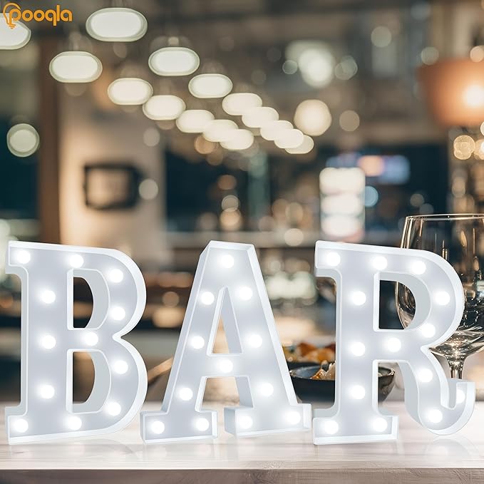 BAR - Illuminated Marquee Bar Sign for home decor - Light up LED Marquee Word Sign - Pre-Lit Pub Light Battery Operated Valentines Day Gifts for Him (Cool White)