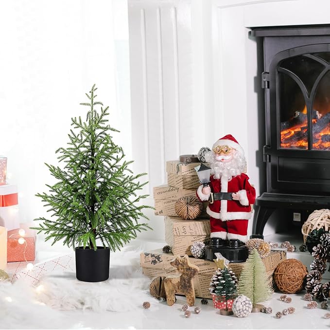ENVEN Outdoor Artificial Topiary Cedar Tree Real Touch Faux Pine Evergreen Shrub Plant UV Resistant Greenery Tree with Pot Realistic Cypress Front Porch Decor (3FT-2Pack Nofolk Pine)