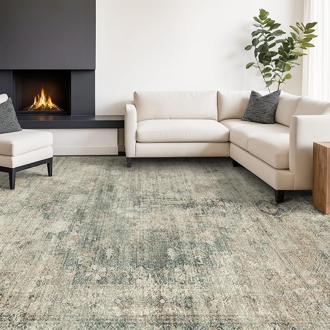8x12 Farmhouse Rugs for Living Room - Moss Green Large Area Rug for Bedroom Under the Bed, Vintage Distressed Farmhouse Dining Room Carpet, Soft Washable & Stain Resistance