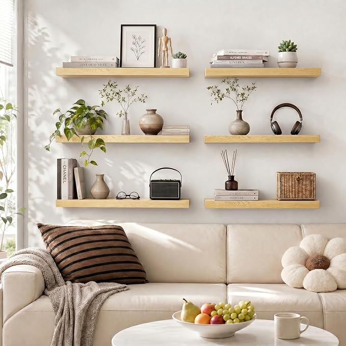 Heimlove Floating Shelves for Wall 48 Inches Long,9.3" Deep Oak Floating Shelf Set of 2,Wall Mounted Wood Shelves for Bathroom Bedroom Living Room Kitchen Office,Shelf for Books Storage Room Decor
