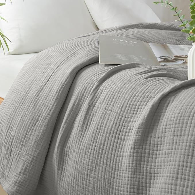 PHF 100% Cotton Muslin Throw XL Blanket Large 50" x 70", 4-Layer Lightweight Gauze Throw, Breathable Cloud-Soft Minimalist Blanket for Bed, Couch, Camping & Baby, Light Grey, Ideal Gift