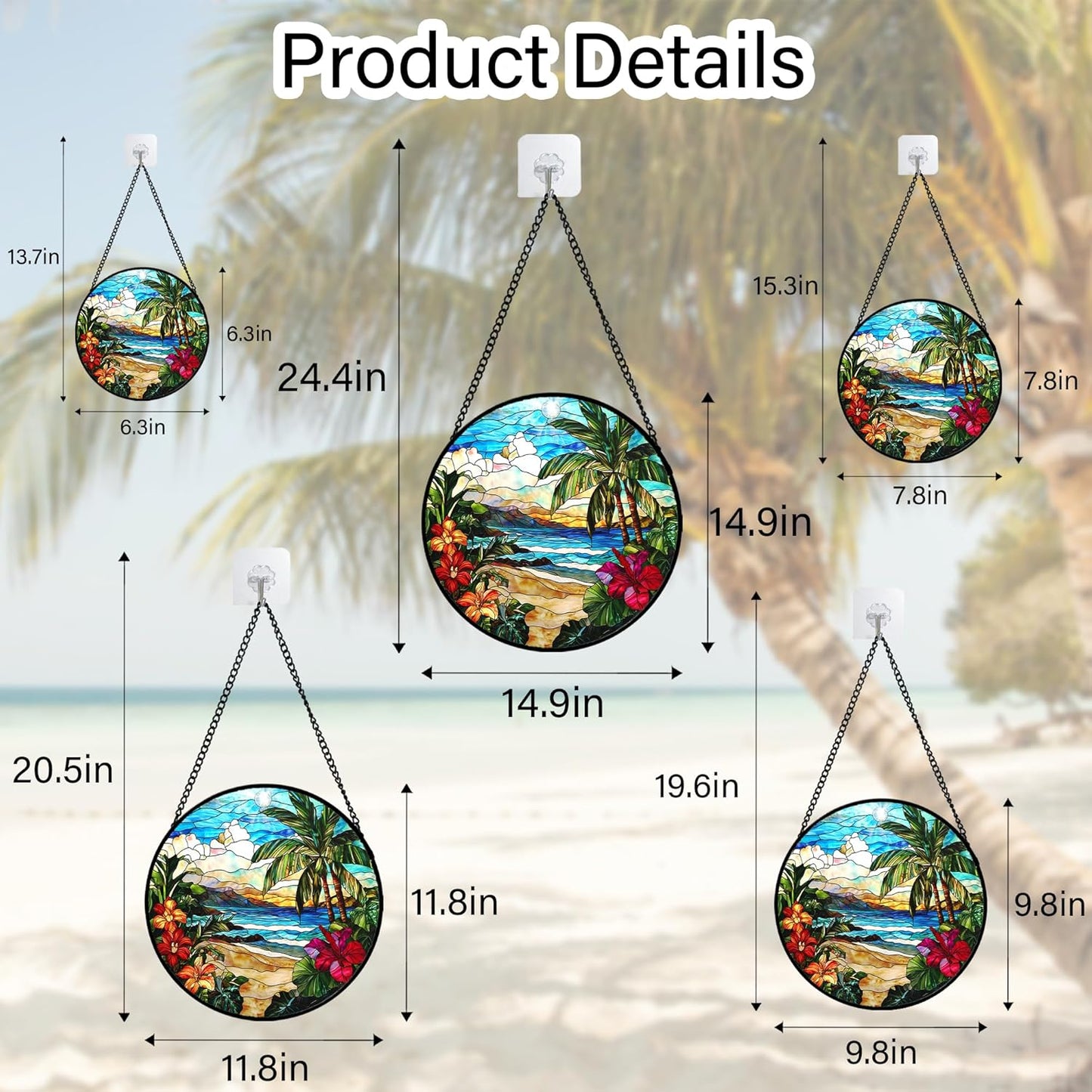 Stained Glass Window Hanging, Blue Beach Scenery Suncatcher Diamond Glass Panel Hangings Sun Catchers Decor for Birthday for Women, Men, Wife, Aunt, and Mom 14.9x14.9 in