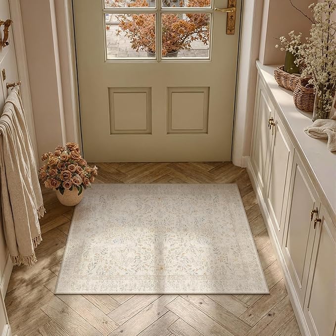 PureCozy 2x3 Beige Area Rug for Entryway Washable Vintage Floral Carpet Low Pile Non Slip Botanical Aesthetic Small Soft Accent Throw Rug Entrance Kitchen Bedroom Nursery Office Indoor