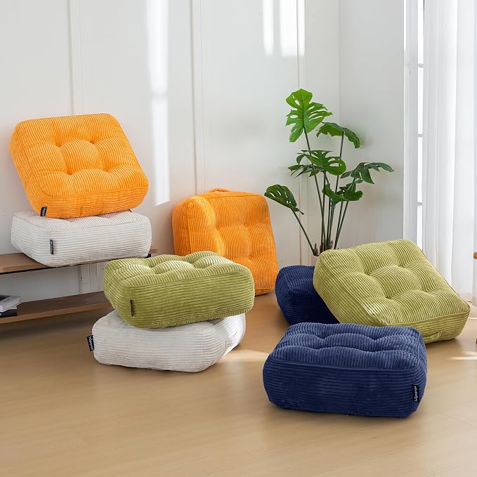 HIGOGOGO 8" Extra Thick Floor Pillow Cushion for Adults, Meditation Cushion Pillow, Large Square Floor Sitting, Tufted Corduroy Cover, for Tatami Living Room or Yoga, 22x22 Inch, Navy