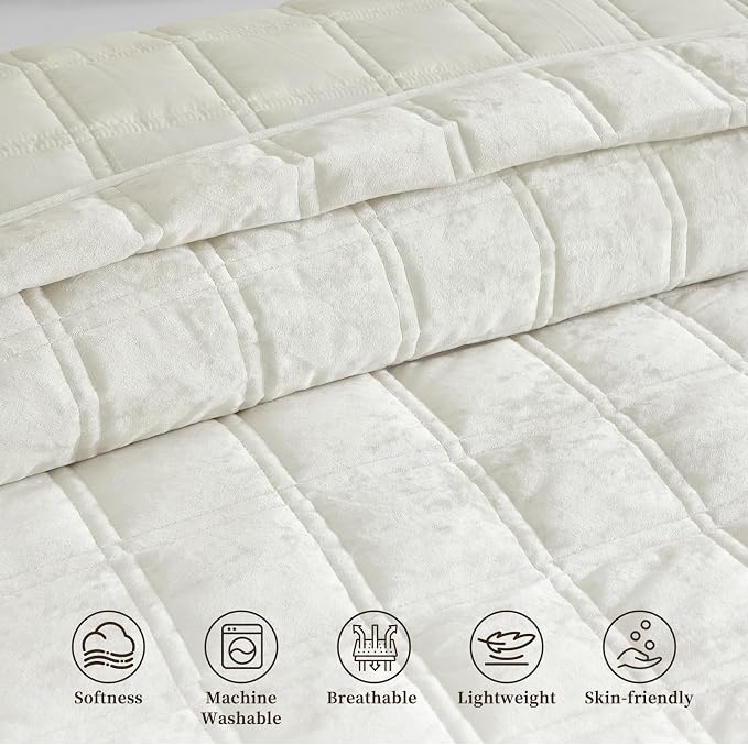 Velvet Quilt King Size Comforter Set - Luxury Soft Velvet Bedding Set for All Season, Bedspread Coverlet King Quilt with 2 Pillow Shams, Cream White, Checkered