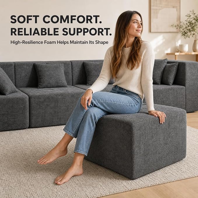 MONVANE Ottoman for Modular Sectional Cloud Couch, Chenille Deep Seat Boneless Couch for Living Room, Bedroom and Apartment, No Assembly Required, DIY Combination, Grey