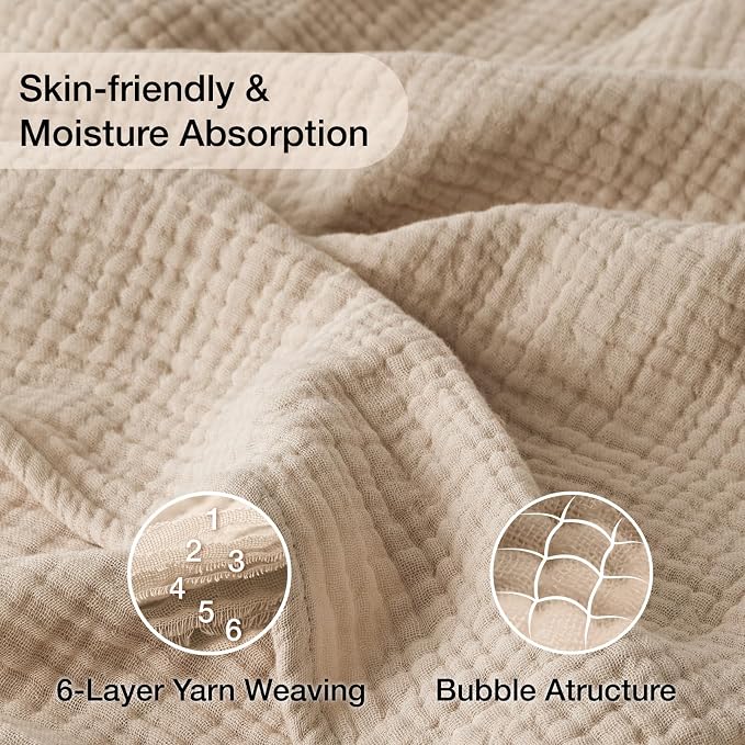100% Cotton Muslin Blanket Twin 60" x 80", Breathable and Lightweight Cotton Twin Blankets for Couch, Soft Cooling Summer Gauze Blanket for Adults All Season, Beige