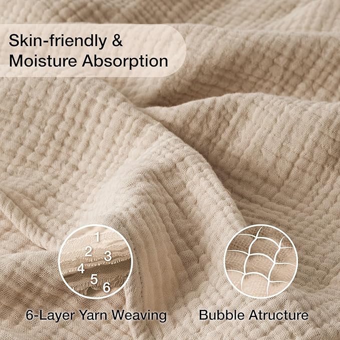 100% Cotton Muslin Blanket California King 120" x 90", 6 Layers Breathable and Lightweight Oversized Blankets for Bed, Soft Cooling Gauze Blanket for Adults All Season, Beige