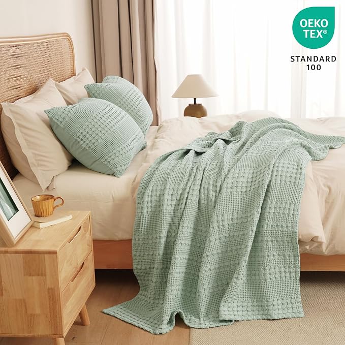 PHF 100% Cotton Waffle Throw Blanket for Couch, Lightweight Breathable and Soft for Summer, Luxury Aesthetic Waffle Weave Blanket for Home Decor & Office, Gifts for Women, 50"x60", Mint Green